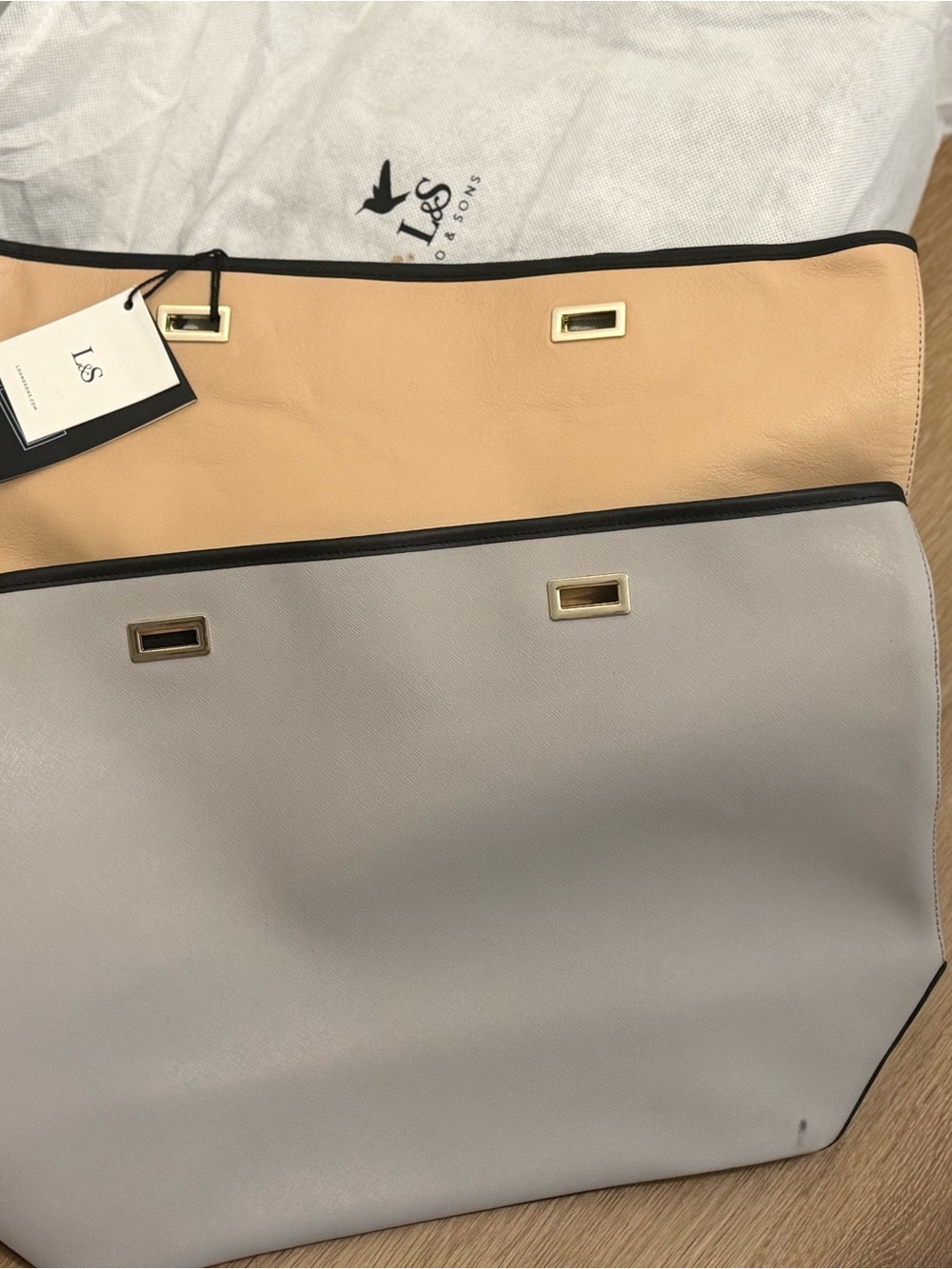 Lo & Sons Two-Tone Tote Covers in Tan and Light Gray with Black Trim, Gold